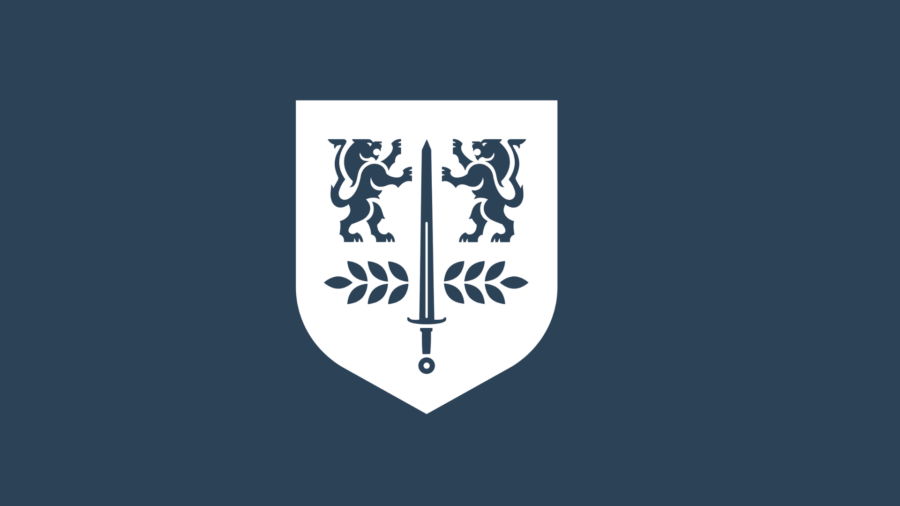 White PCC crest on blue background