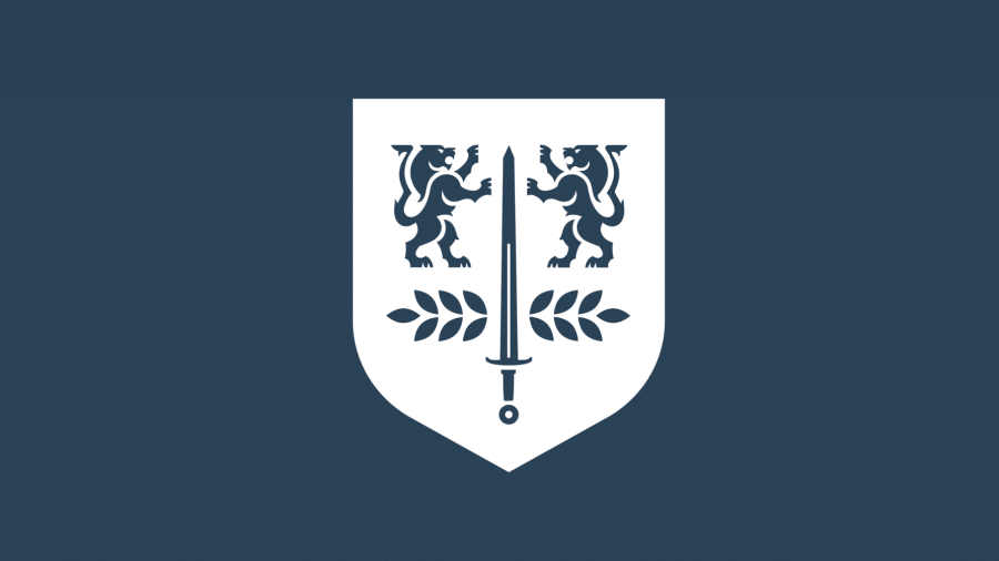 White PCC crest on blue background