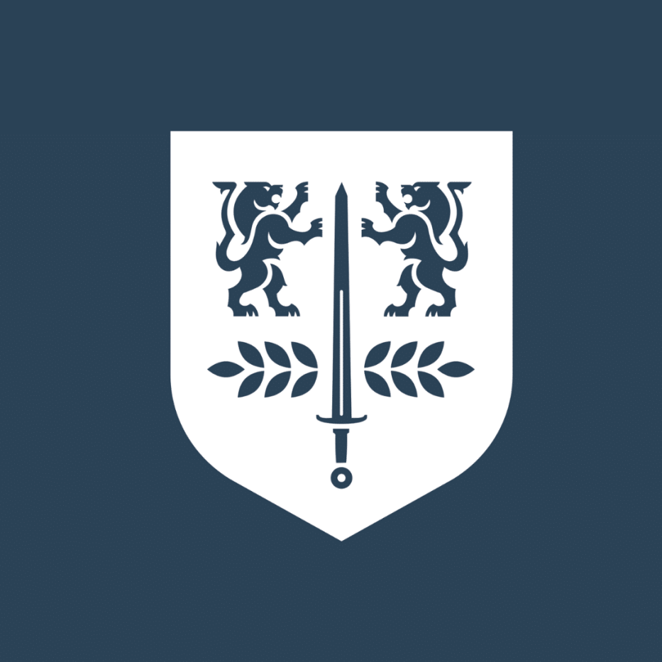 White PCC crest on blue background