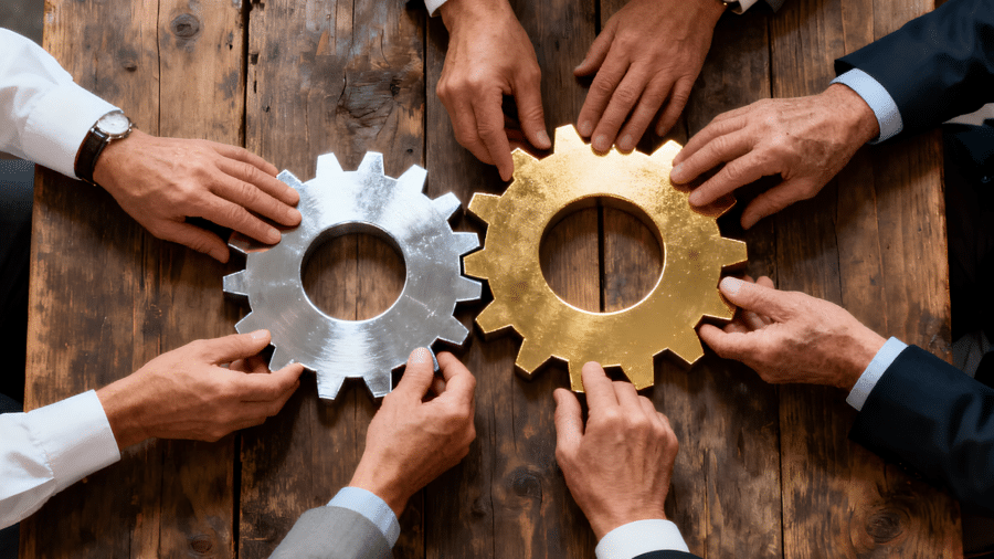 Hands placing two cogs together